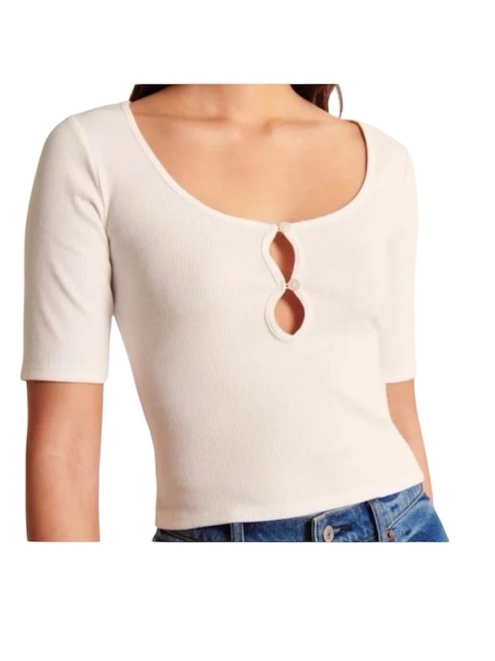 Abercrombie & Fitch White Ribbed Scoop-Neck Short Sleeve Top with Button Detail